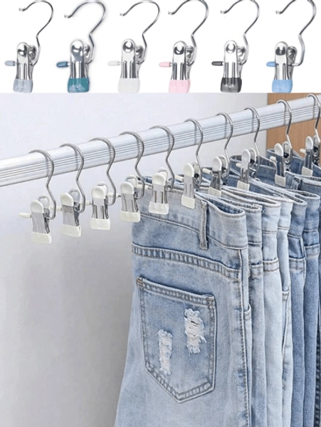 10pcs Premium Stainless Steel Clothes Clip, Adjustable Metal Pants Hanger With Clips,Laundry Clothes Nail With Hook, Portable Hanging Clothes Clip Decorations Costumes Decor Festival Decor Pant And Skirt Hangers With Grip Clips,Spring,Minimalist,Summer Tops
