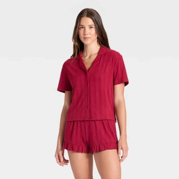 Women's Pointelle Notch Collar Shirt and Shorts Pajama Set - Wild Fable™ Burgundy XXS