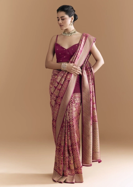Maroon Khadhi Georgette Saree With Floral And Geometric Zari Work