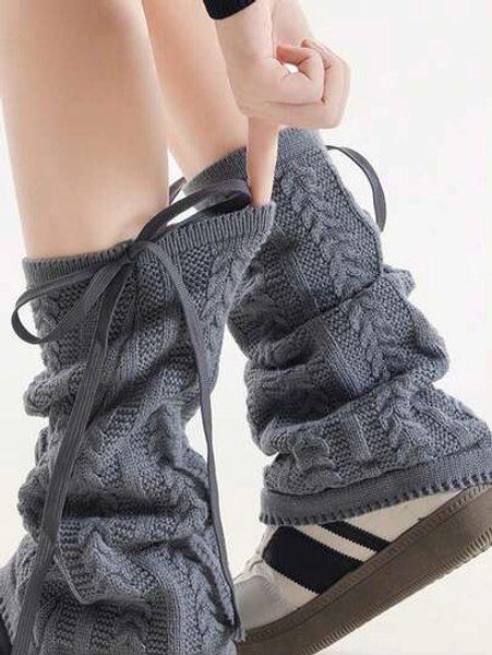 1 Pair Women's Multi-Color Cable Knit Bow Thermal Lined Warm Soft Knitted Leg Warmers