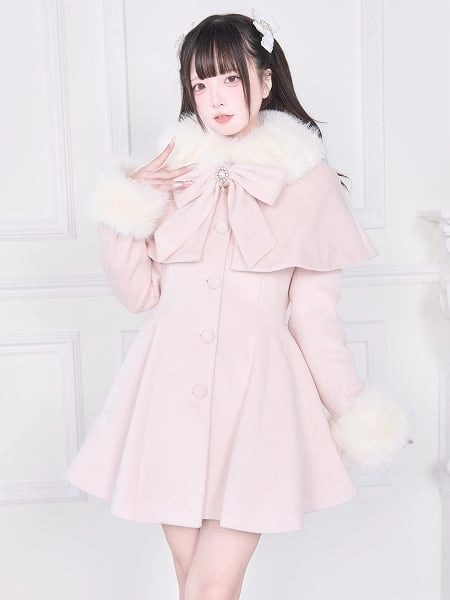 [$97.00]Jirai Kei Pink Cape Coat | Waist-Cinching with Detachable Plush Collar & Cuffs