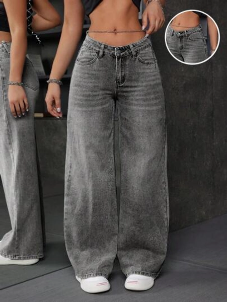 SHEIN ICON Women's Loose Fit Wide Leg Low Waist Denim Jeans With Pockets