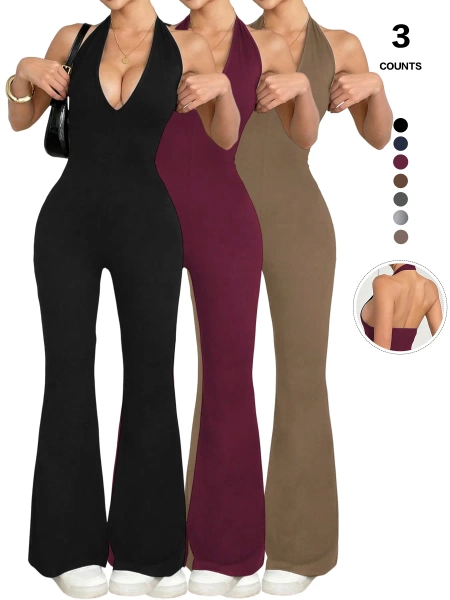 Women's Halter Vneck Jumpsuit, Sleeveless Deep V Backless Design, Flare Leg Romper for Casual Wear, Stylish, Comfortable and Fitted Womenswear