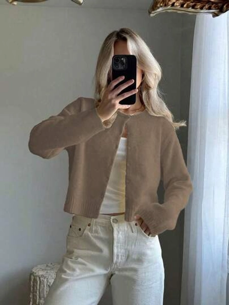Women's Solid Color Round Neck Button Long Sleeve Knit Cardigan Sweater, Christmas & New Year
