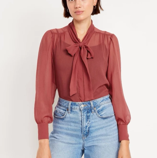 Old Navy Women's Long-Sleeve Tie-Neck Chiffon Top