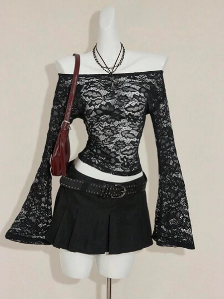 SHEIN ICON Sexy & Fashionable Off Shoulder Lace Long Sleeve Sheer Blouse,Black Tops