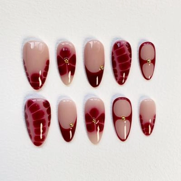 Burgundy Flower Press on nails long almond nails/Blooming burgundy Nails/3D Flower Nails/Red Nails/Holiday Nails/crocodile pattern nails