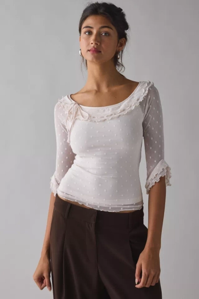 URBAN: Kimchi Blue Rosalyn Polka Dot Mesh 3/4 Sleeve Boatneck Top