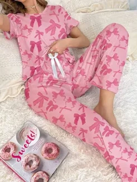 Pink Bow Allover Print Short Sleeve Pajama Set