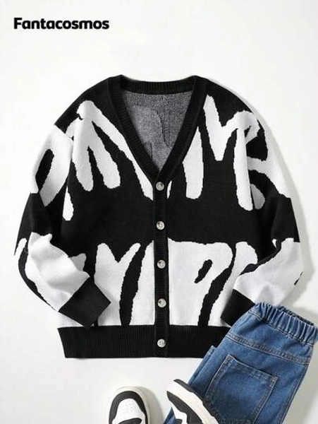 Boys' Fashionable Minimalist Letter Jacquard Knit Cardigan Girls Cardigan Sweaters Kids Cardigan Cute Cardigan Cardigan For Teen Girls Cropped Cardigan Tween Boys Sweater Tween Boys Fall Outfits Tween Boys Winter Clothes Kids Fall Clothes