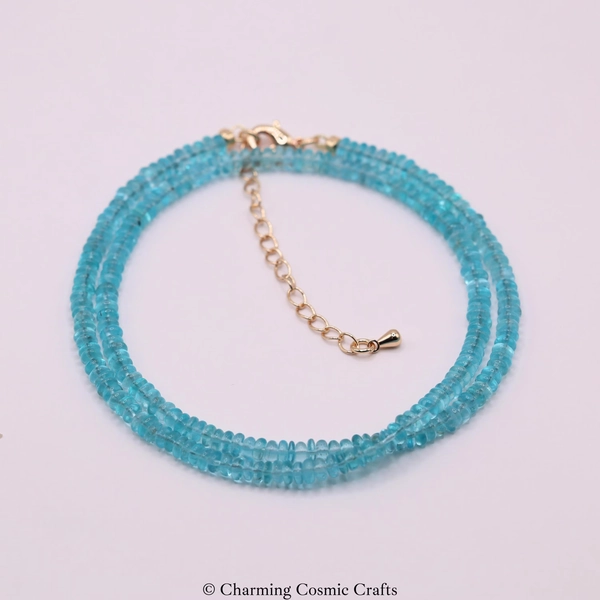 AAAA+ Genuine Blue Apatite 16 Inches Necklace | 3mm Beaded Blue Apatite Gemstone Clasp Necklace | Gift for Her | 14K Gold Plated