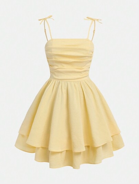 SHEIN Girlism Teen Girl Woven Solid Color Ruched Layered Hem Casual Cami Dress Graduation Dress