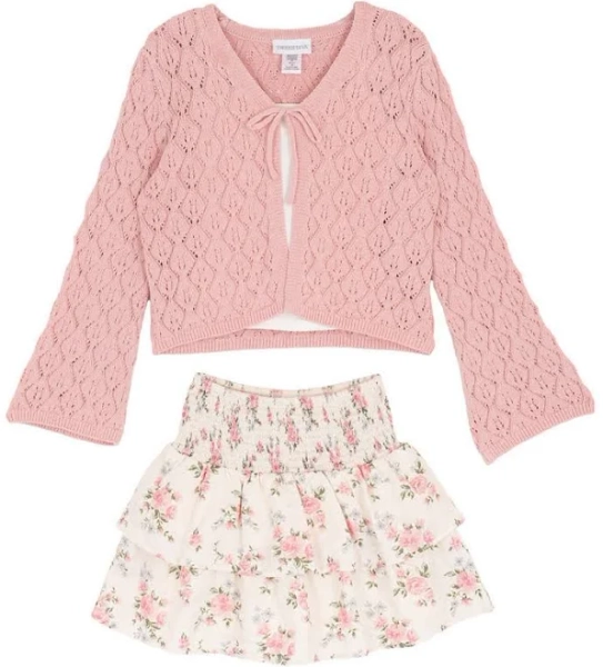 Rare Editions Girls' Crocheted Cardigan, Cami and Skort Set