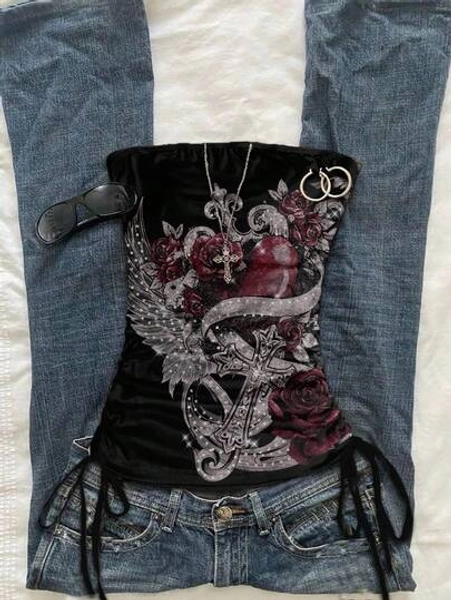 Attitoon Women's Casual Retro Punk Heart Cross Floral Faux Rhinestone Rose Print Ruched Tight Bandeau Top Goth