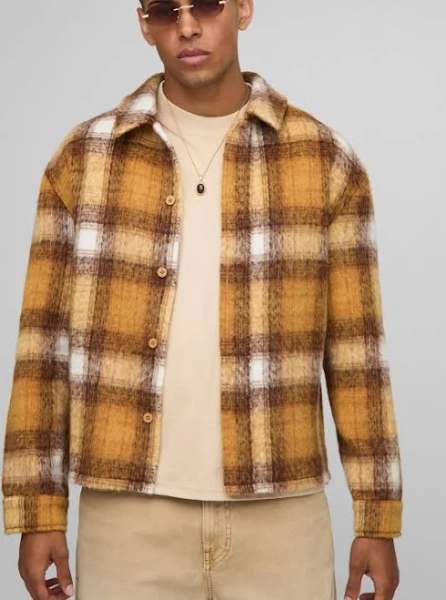 Men's Regular Fit Heavyweight Brushed Flannel Shirt Jacket | Light%20Brown | boohooMAN