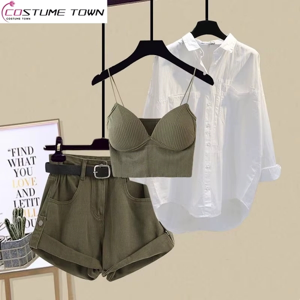 Spring/Summer Fashion Women's Set 2023 New Korean Edition Age Reducing Sling Casual Shirt Shorts Three Piece Set - AliExpress 200000345