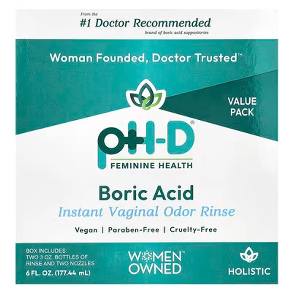 pH-D Feminine Health, Boric Acid, Instant Vaginal Odor Rinse, 2 Bottles & 2 Nozzles , 6 fl oz (177.44 ml)