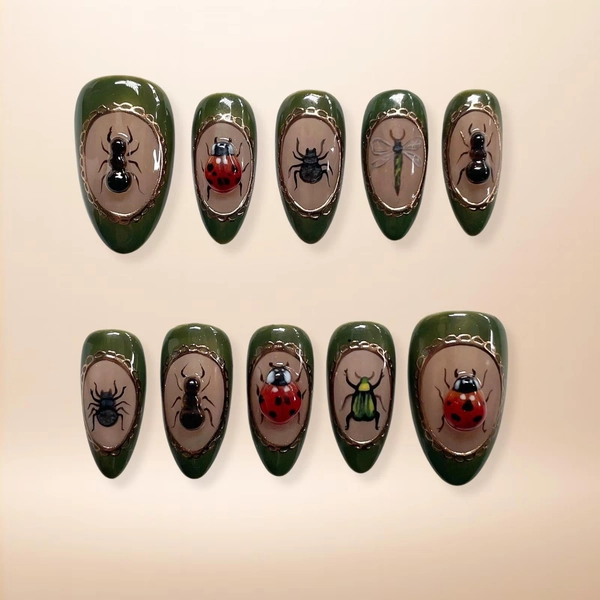 Bug Beetle Press On Nails: Handmade Forest Green Autumn Ladybug Details