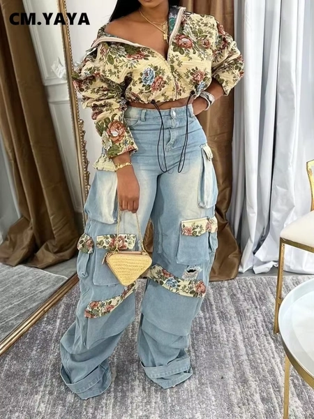 CM.YAYA Washed Denim Women's Set Full Sleeve Floral Jacket and Pockets Cargo Jeans Pants Suit 2024 Street Two 2 Piece Set Outfit - AliExpress 200000345