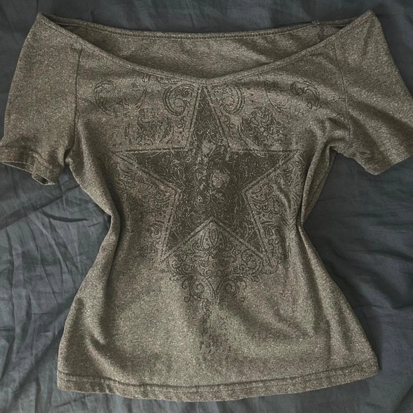 Gray off the shoulder top with star and ornate... | Depop