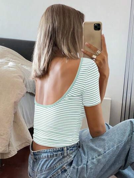 Livesso Women's Backless Striped Print Summer Short Sleeve T-Shirt,Halter Top