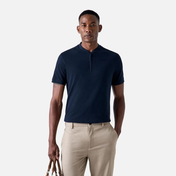 Polo Pima Piquet Zíper Azul Marinho Masculina