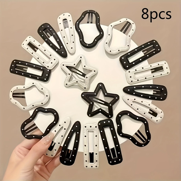 8pcs Elegant Polka Dot Cloud Star Hair Clips - Vintage-Inspired Faux Leather Hair Accessories for Women, Perfect for Valentine'S Day, Parties & Everyday Use, Secure Hold for Bangs & Loose Hair, Cute Hair Clips, Party Hair Accessories