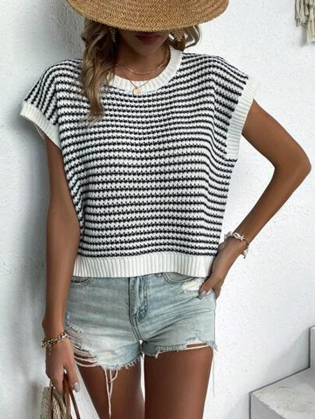 Knit Mix Elegant Women Chic Knit Top Casual Vacation Spring Summer Color Block Striped Round Neck Sleeveless Lace Knit Regular Loose T-Shirt Women's Vest Beach Vacation Valentine Sweater Female Shirt Back To School Fall Women Clothes Autumn Winter,Suitable For Christmas, Thanksgiving, And New Year