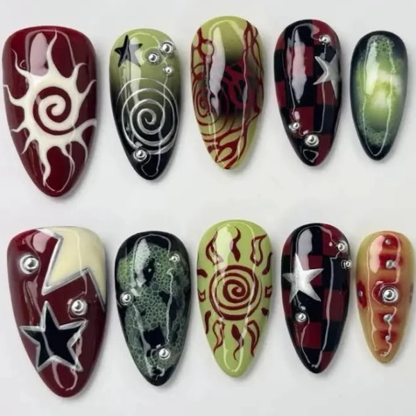 Grunge Sun Press On Nails, Summer Red & Green Abstract Nail Art, Y2K Gothic Fake Nails, Spiral Flame Star Nails, Red Green Summer Nails, Custom Nail,