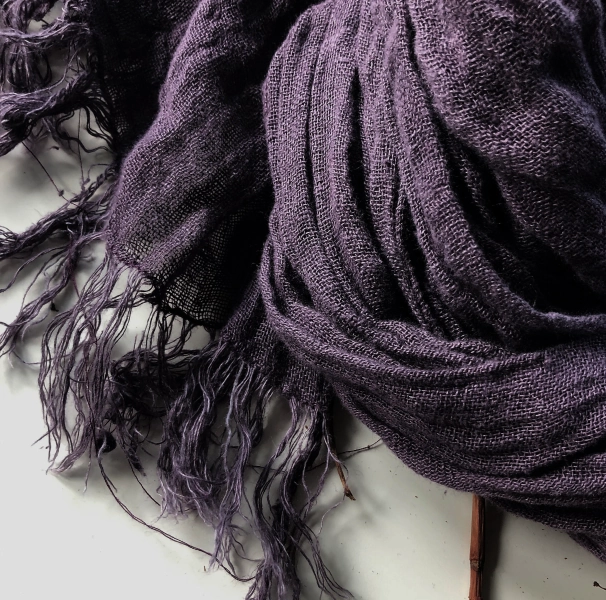 Aubergine Linen Scarf, Extra Long Gauze Shawl, Frayed Fringe