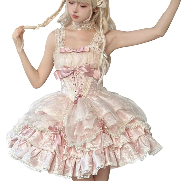 Elegant Lolita Ruffle Dress Detachable Sleeves Lace Layered Cocktail Party Dress