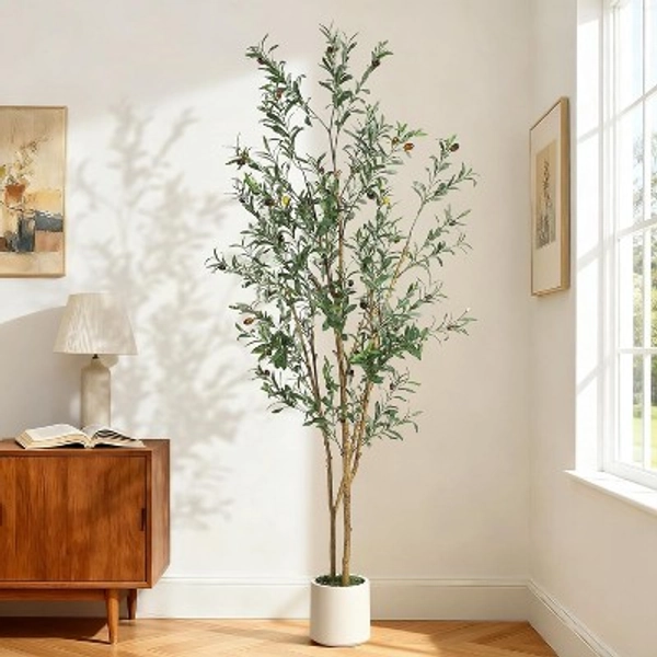 Olive Trees Artificial Indoor,Faux Olive Tree with Planter & Green Fake Moss, Artificial Plants with Natural Wood Trunk & Lifelike Fruits
