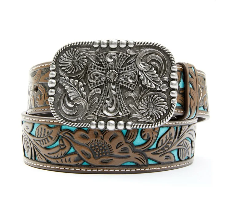 Shyanne Women's Tooled Cross Leather Belt,S