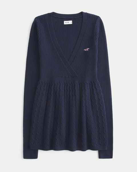 Wrap Front Long-Sleeve Babydoll Sweater