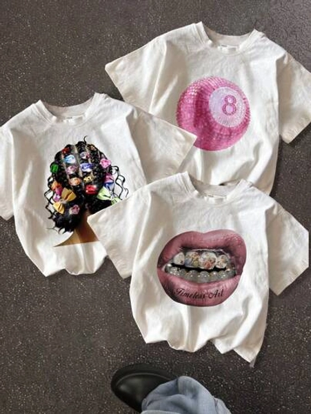 SHEIN 3pcs Tween Girls' Casual Minimalist Round Neck Short Sleeve T-Shirt With Street Style Graffiti Girl Head Print, Suitable For Summer