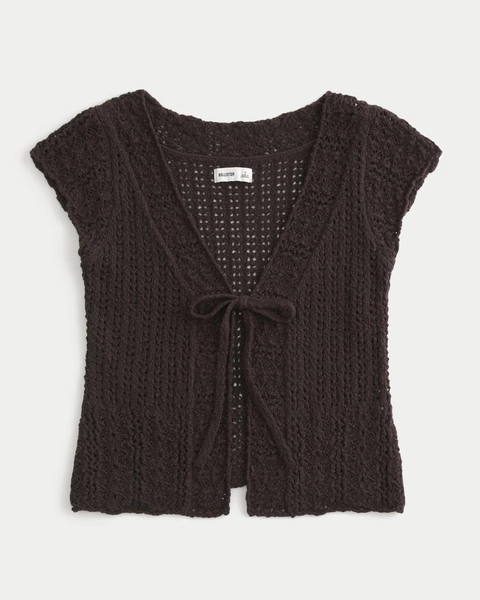 Short Sleeve Tie Front Open Stitch Cardigan