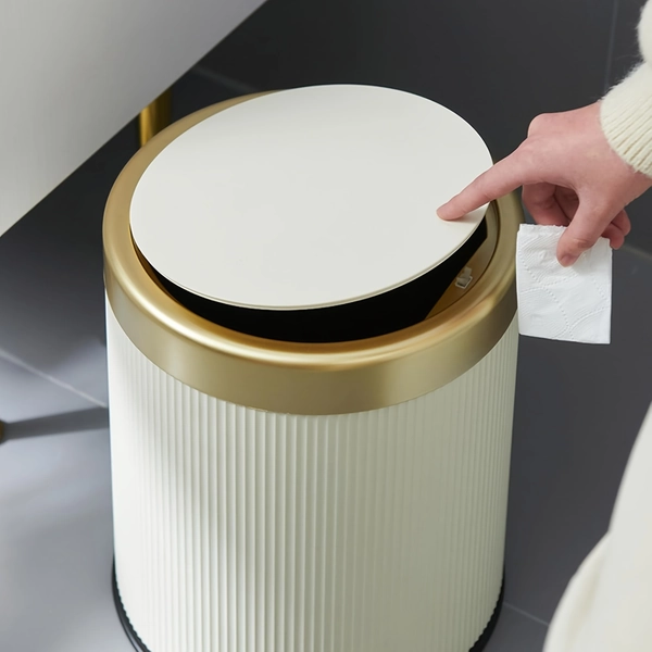 1pc 3.17gal Luxury Large Capacity Push-Lid Trash Can, Dual Inner Buckets, Bathroom Trash Can, Odor-Sealing Oval Garbage Bin, Modern Plastic Waste Container for Kitchen, Bedroom, Living Room, Bathroom