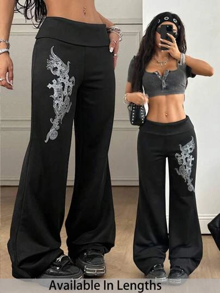 SHEIN Tall CURVE Women's Festival Renaissance Fair Streetwear Vintage Y2K Grunge Graphics Stretchy Turn-Down Trousers Black Flare Leg Sweatpants