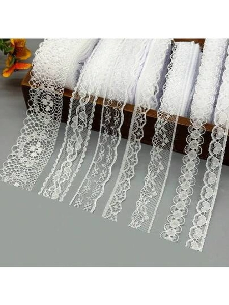 7Styles 70M White Lace Fabric Trim Ribbon Roll, Handmade Embroidery Lace For Sewing, DIY Crafts, Wedding Dress & Birthday Party Decor