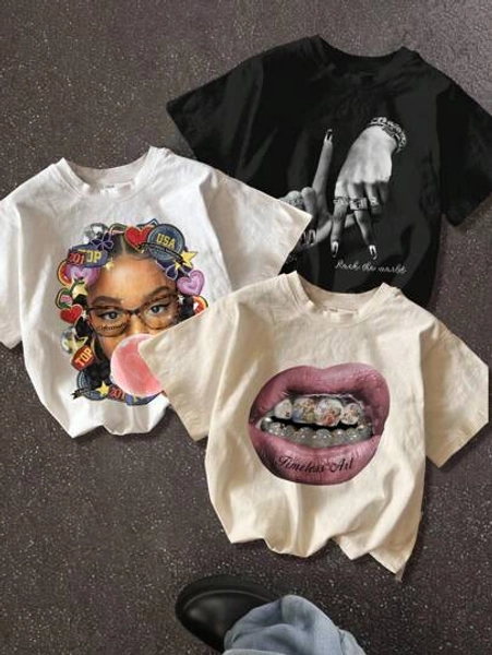 SHEIN 3pcs/Set Tween Girl Casual Minimalist Short Sleeve Round Neck T-Shirts, White, Light Peach, Black, With Personalized Street Hip-Hop Girl Portrait, LA Hand Gesture, Lip Print, Suitable For Street Photography, Daily Casual, Fashion