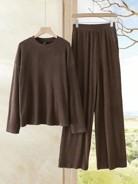 Rusticease 2pcs Women Solid Color Round Neck Drop Shoulder Long Sleeve Casual Knitted Textured Set Brownbrown  Women's Winter Sweater Fall Women Clothes  Fall Clothes For Women  Autumn Clothes   Winter Set , Casual Women Outfits Brown Set Women Two Piece Lounge Set Comfortable Two Piece Set Long Sleeve Sets Two Piece Set Women Comfy Brown  Elegant Women's Set