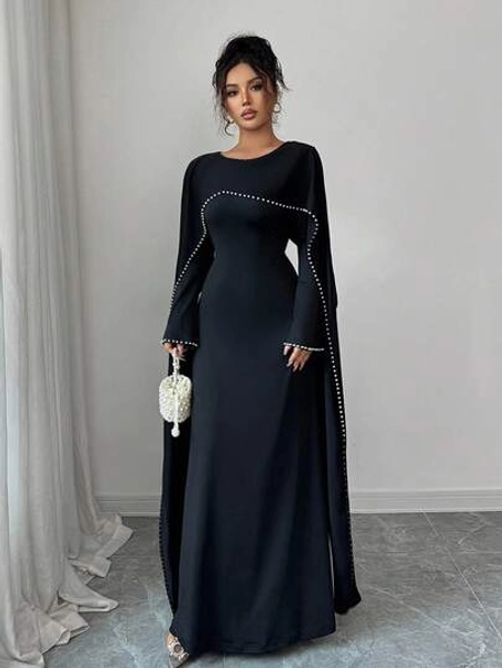 Elenzga Women's 2025 Autumn/Winter New Elegant Long Dress With Delicate Pearl Decoration - Size XL