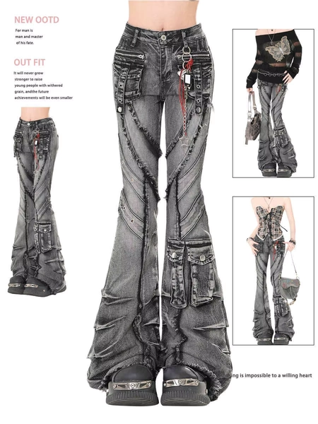 2025 Autumn Winter Women's Denim Pants Dark Academia Cargo Jean Flared Bell Bottom Designer Kpop Japanese Y2k 2000s Goblin Core - AliExpress 200000345