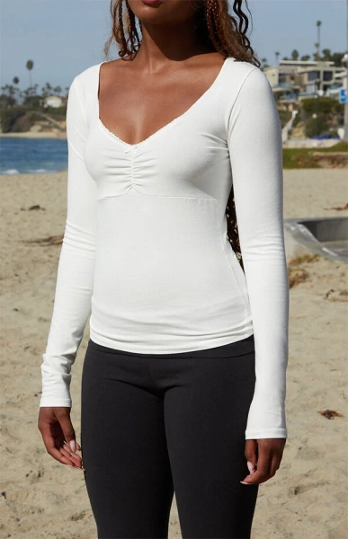 White Cinched Bow Long Sleeve Top