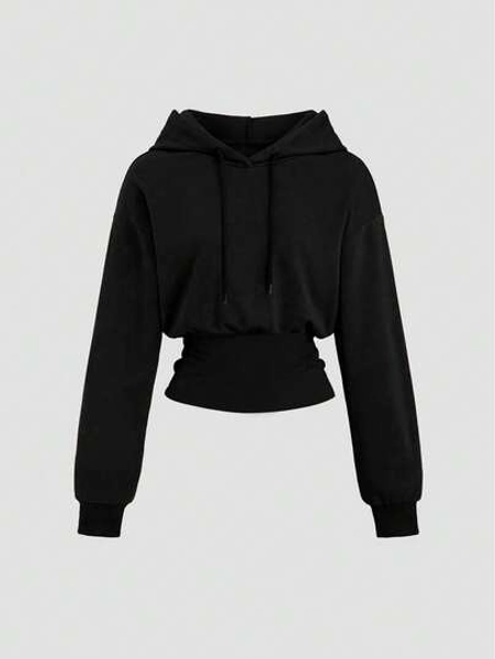 Sweetra Women's Brown Hooded Cinched Waist Long Sleeve Sweatshirt, Autumn/Winter