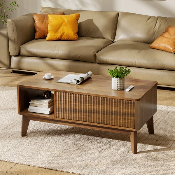 Rhythm Lift Top Coffee Table with Storage, Living Room Table, Wood Modern Square Coffee Table, Fluted Design, 16.22'' H X 37.4'' W X 18.9'' D, Walnut