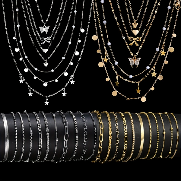 18 piezas Set de Pulsera y Collar Minimalista para Mujer - Pulseras con Dijes de Estrella y Lazo, Ideal para Playa, Bodas, Fiestas y Atuendos Casuales, Regalo Elegante para Mujeres Todo el Año (Sin Baño)