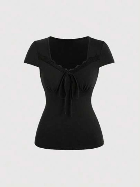 Sweetra Women's Lace Floral Patchwork Sweetheart Neckline T-Shirt - Size M