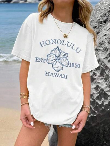 Tween Girls Casual Minimalist Fresh Vacation Style Fashion Letter Slogan & Hibiscus Floral Print Round Neck Short Sleeve T-Shirt Summer Floral Top
