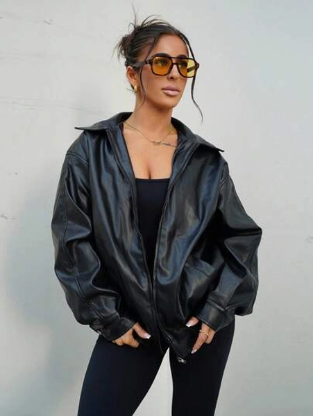 SAYEHFBABY Drop Shoulder Zip Up Black PU Jacket In Fall/Winter